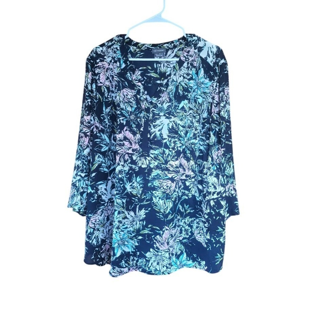 Van Heusen Floral Blouse Women XXL Navy Blue Garden Coastal Grandma Modest Airy‎